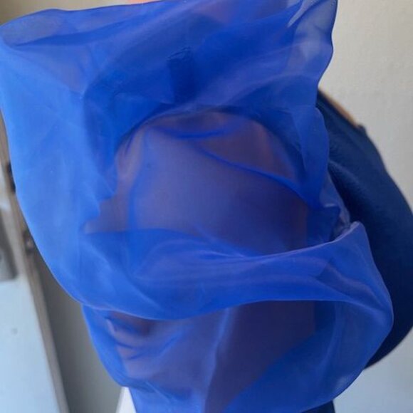 Blouse Blue Asymmetrical One-Shoulder Top With Sheer Puff Sleeve Fashion Elegant - Picture 16 of 16